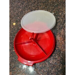 Vintage Tupperware Red 3pc Divided Relish/Condiment/Candy Tray w/Lid